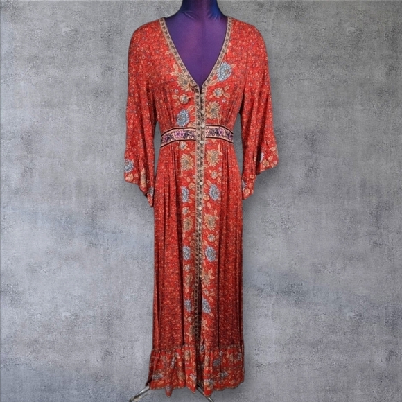 Bali Rattan Red Floral Kimono Maxi Dress Boho Peasant Size Medium‎ Women's - Picture 1 of 10